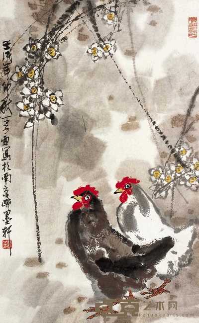 李亚 壬戌（1982年）作 双鸡图 镜心 80×49cm